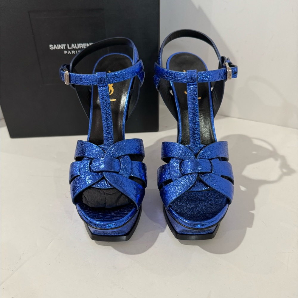 YSL Metallic Crackled Calfskin Tribute Platform Sandals Metal Blue Sz 40